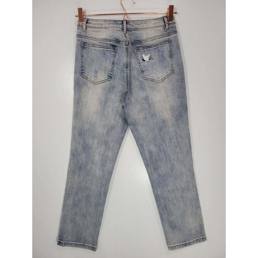 Gianni Bini Womens Embroidered Bird Distressed Light Wash Straight Leg Jeans S - Picture 6 of 8
